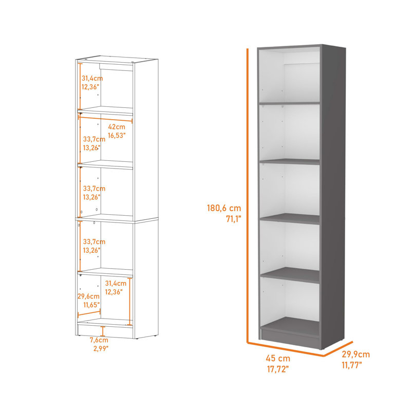 Bibliothèque mince à 5 tablettes Zachary, Gris / Blanc, (5 tablettes) H 71,1 po x l 17,72 po x P 11,77 po