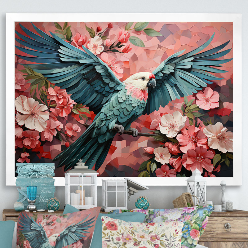 «Blue and Pink Parrot Paradise IV», art mural perroquet, Cadre de coin blanc fermé, H 16 po x l 32 po x P 1 po
