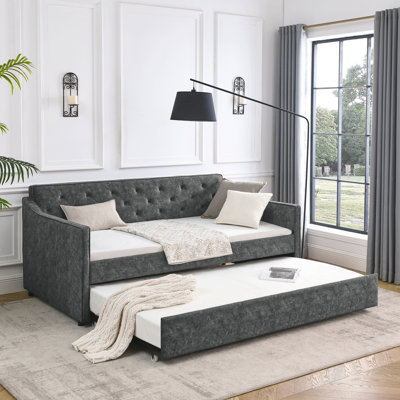 Lit de jour simple avec canapé-lit capitonné de taille simple, accoudoirs ondulés, gris (80,5 po x 44,5 po x 33,5 po)