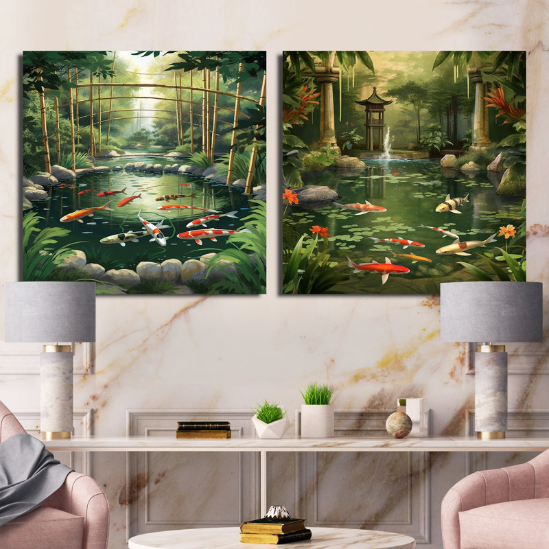Bamboo and Koi Pond Showcase - Ensemble de 2 collages carrés en bambou, Toile tendue, H 30 po x l 61 po