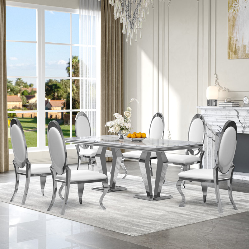 7-Piece Dining Table Set, Marble Veneer Mdf Dining Table, With 6 Faux Leather Dining Chairs, White/Silver/White
