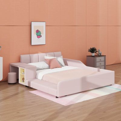 Upholstered Grounded Bed, Mother & Child Bed With Bedside Desk And Little Round Stool, Velvet Upholstered Platform Bed