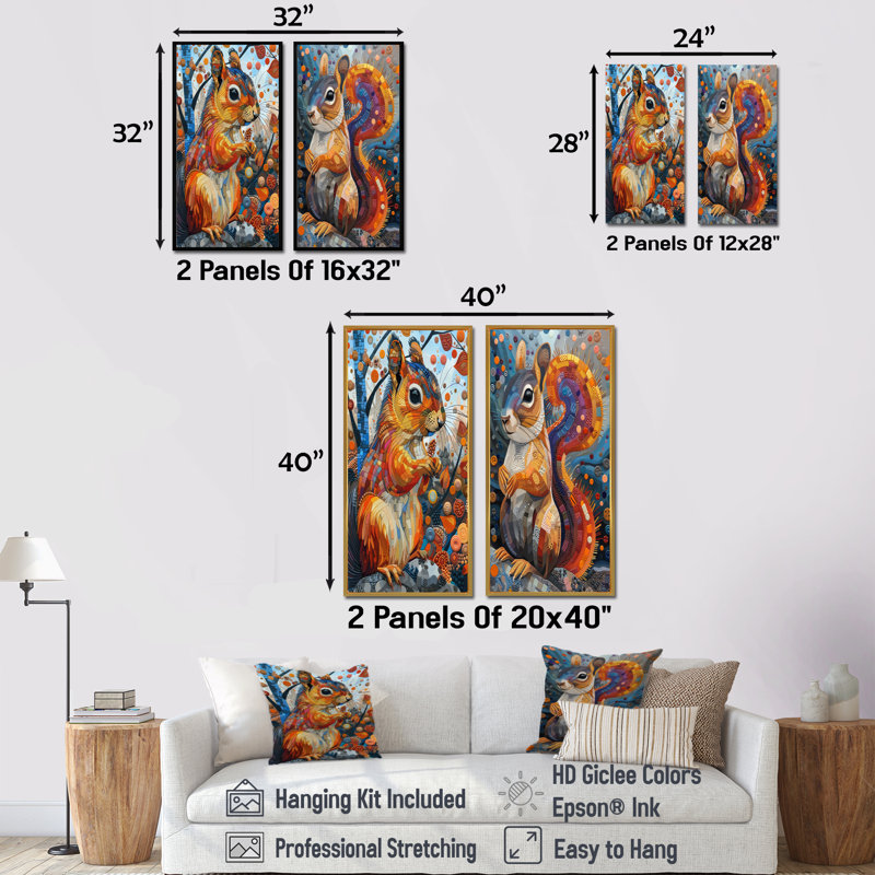 Cleitus - Ensemble de 2 pièces d'art mural écureuil, Érable, H 28 po x l 24 po, Impression encadrée