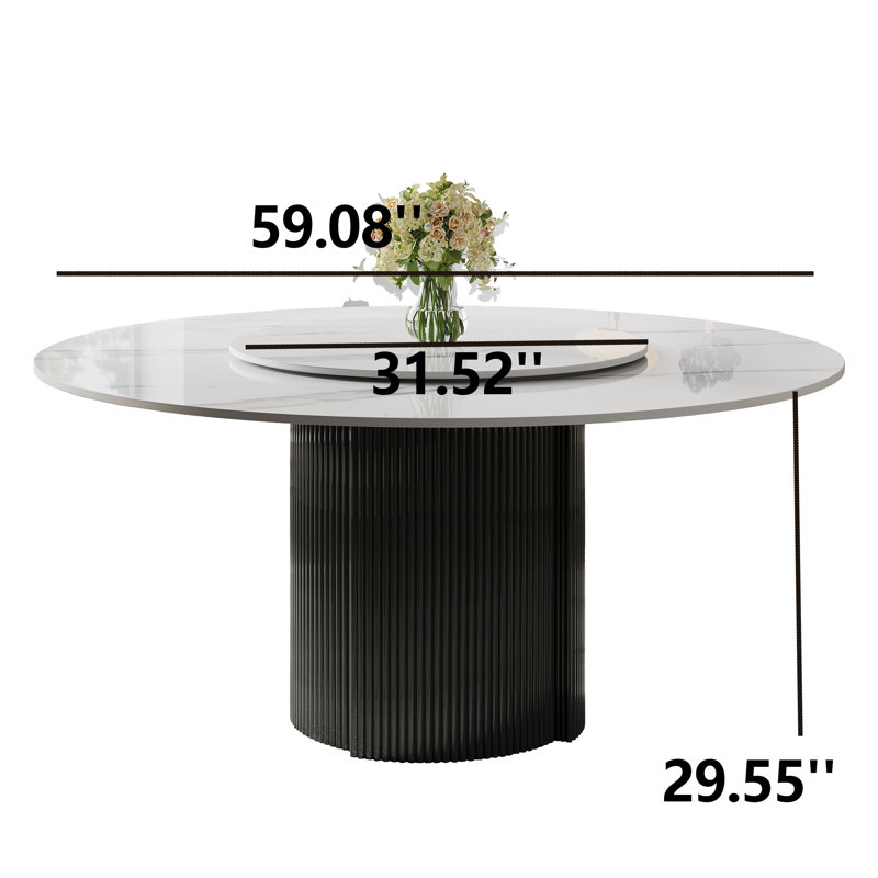 59.08'' Round Dining Table Marble Top with Rotating Turntable, White Circle Dining Table with Black Stainless Steel Base