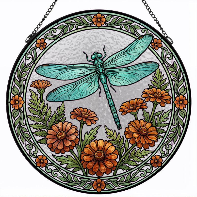 Vitrail de libellule en vitrail floral ， H 12 po, H 12 po