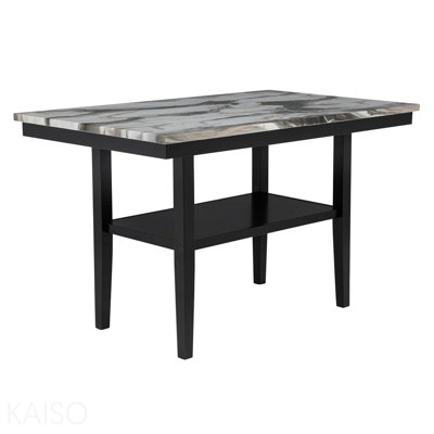 Table de salle à manger de comptoir de 60 po avec tablette inférieure de rangement, plateau en bois à finition marbre pour la salle à manger de cuisine, noir