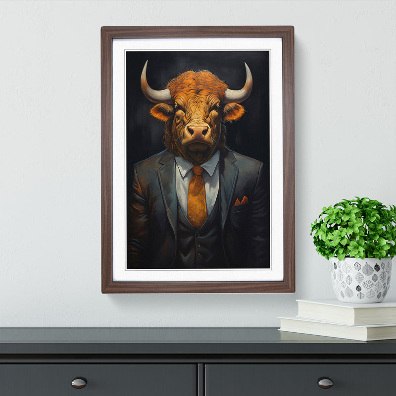 Buffalo In A Suit Painting No.3 - Single Picture Frame Print on Wood, 46cm H x 34cm W x 2cm D, Walnut Framed