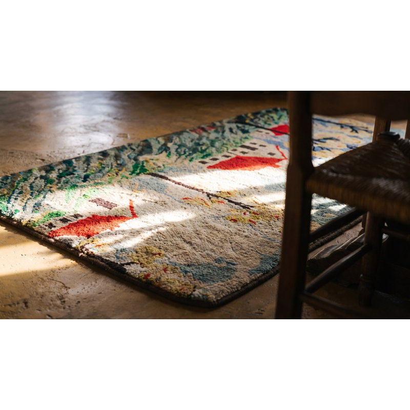 Antique American Scenic Folk Art Farm Cabin Design Hooked Rug