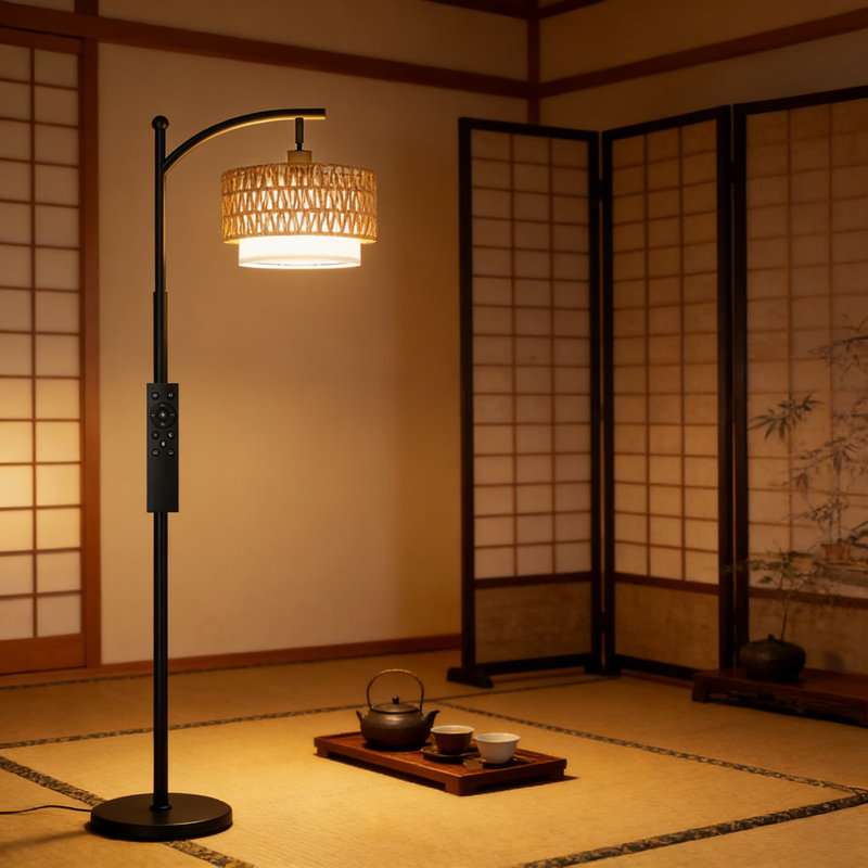 Arc Floor Lamp With Remote Control - Adjustable Brightness & Color Temperature, Double Drum Rattan And Fabric Lampshades, Stepless Dimming, Easy Assembly, Bulb Included