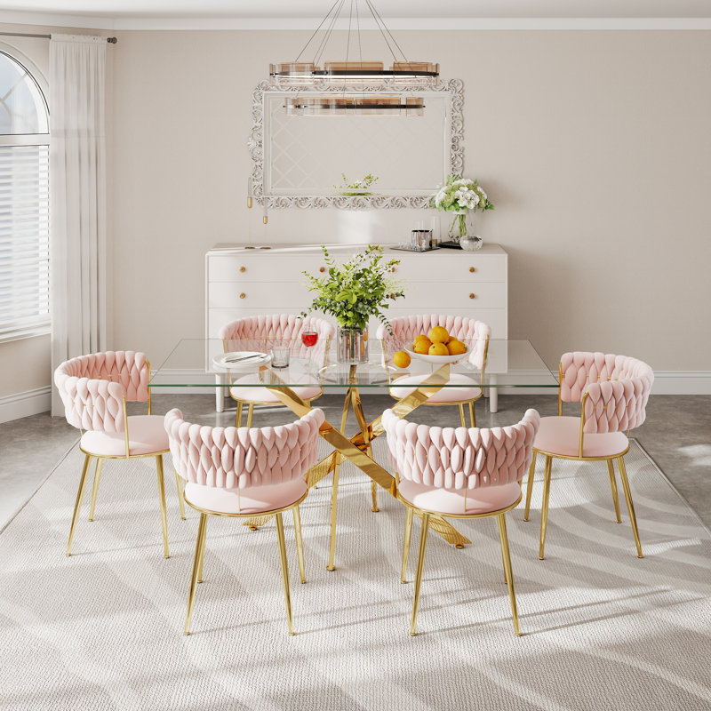 Ensemble de salle à manger à piédestal transparent avec fauteuil de salle à manger en velours ciel, Or / rose