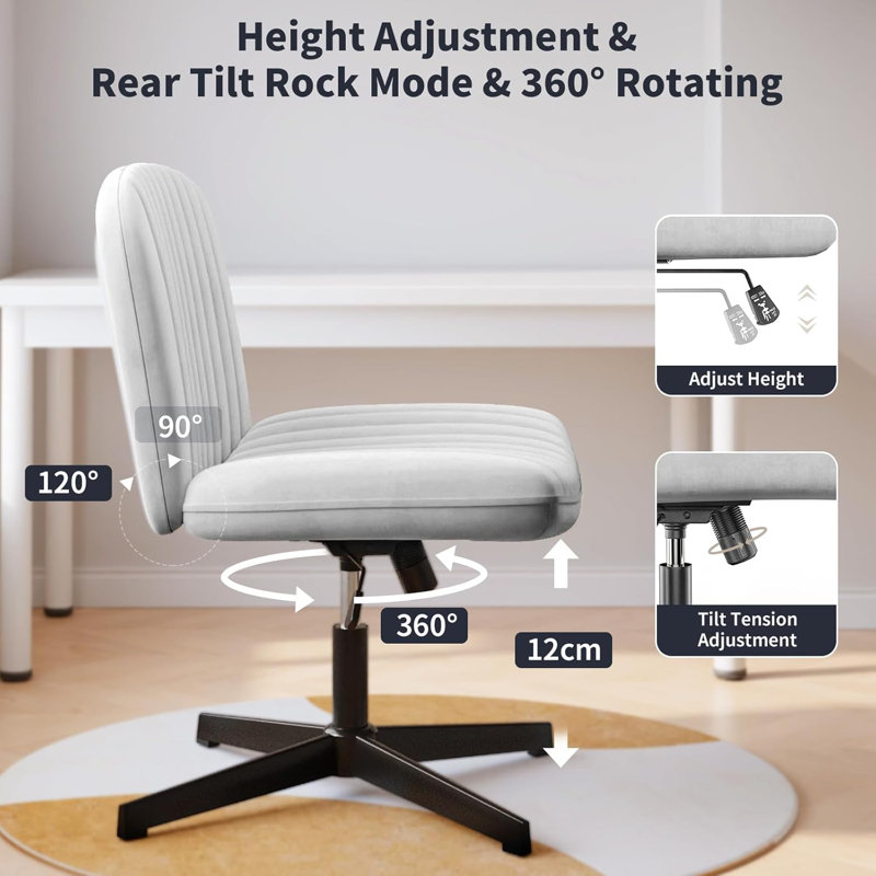 Armless Wide Desk Chair, Velvet Office Chair with Adjustable Height, Grey