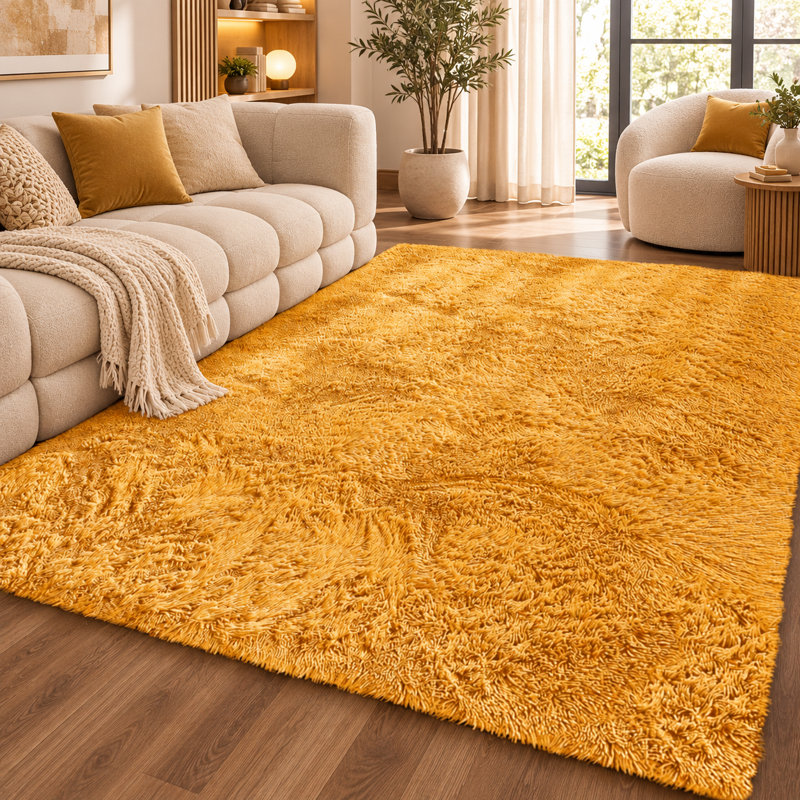 Aspire Homeware Mustard Yellow Shaggy Area Rug Soft Plush Indoor Carpet, Rectangle 160cm Width X 230cm Length