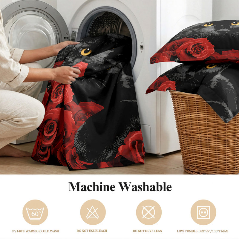 Sheet Set, Twin Sheet Set with 1 Pillowcase, Black Cat Red Rose