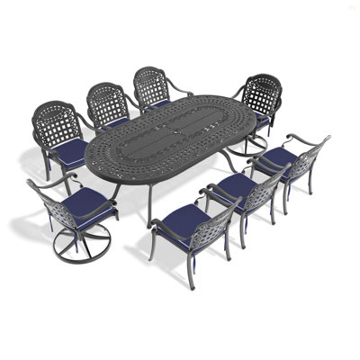 Ensemble de salle à manger 9 pièces en fonte d'aluminium toutes saisons comprenant 2 chaises pivotantes, 6 chaises et une table ovale avec cadre noir