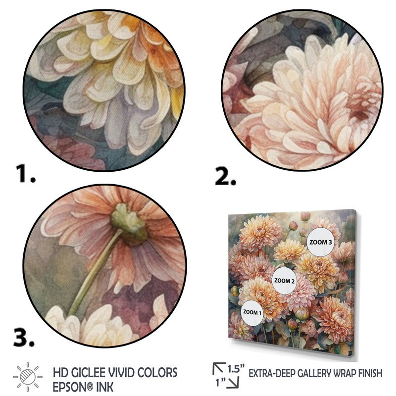 «Rondall Orange Pink Chrysanthemum Scenery II», reproduction sur toile, H 16 po x l 16 po x P 1 po, Cadre flottant doré