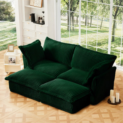 Slipcovered Sofa 2 Seater Sofa    With 2 Ottomans, 2 Seater Sleeper Sofa Bed Home Theatre Oversized Sofa For Living Room, Corduroy, Green