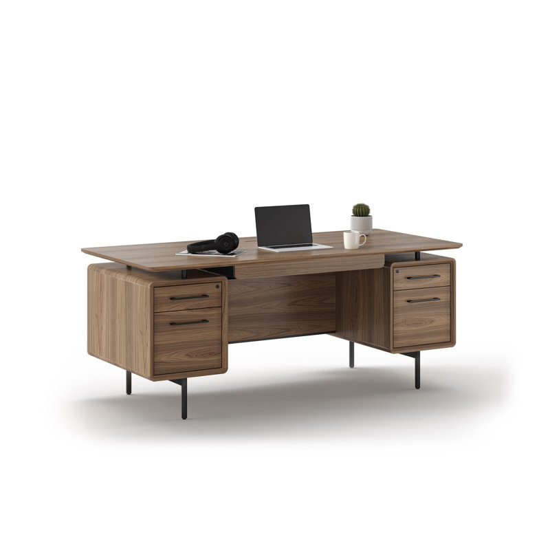 Natural Walnut Executive Desk with Filing Cabinet and Power Outlet