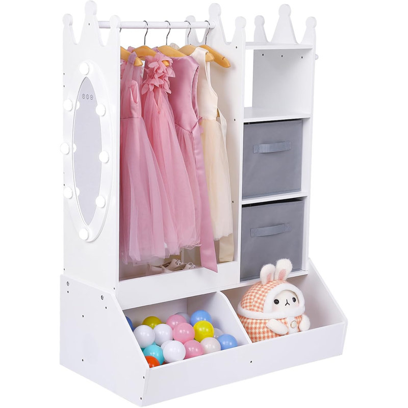 Kids Wardrobe Closet With Mirror, Girl Dress Up Storage, Open Hanging Costume Organizer Costume Wardrobe for Kids Pretend Storage Closet, Pink
