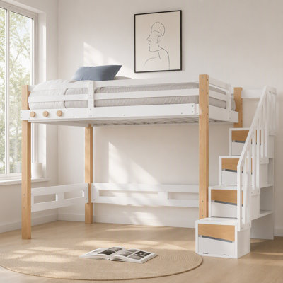 Lit mezzanine simple avec crochet à vêtements et tablettes de rangement, cadre de lit mezzanine en bois avec de petites tablettes pour les livres, amplement d'espace sous le lit, blanc et naturel