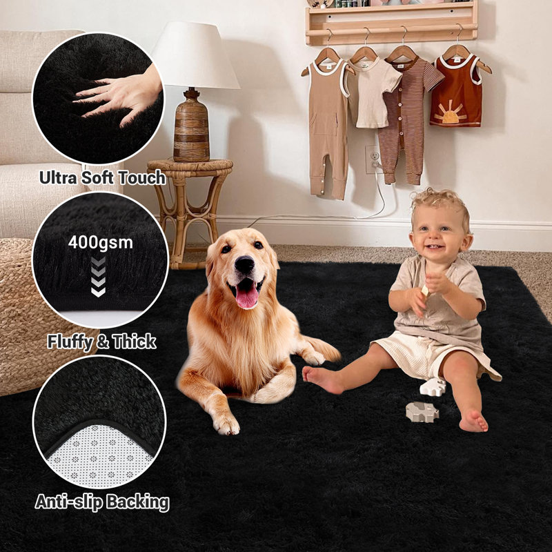Area Rug for Living Room Shaggy Faux Fur Carpet for Bedroom Non-SNon Shedding Fuzzy Rug for Playroom Home Decor, Black