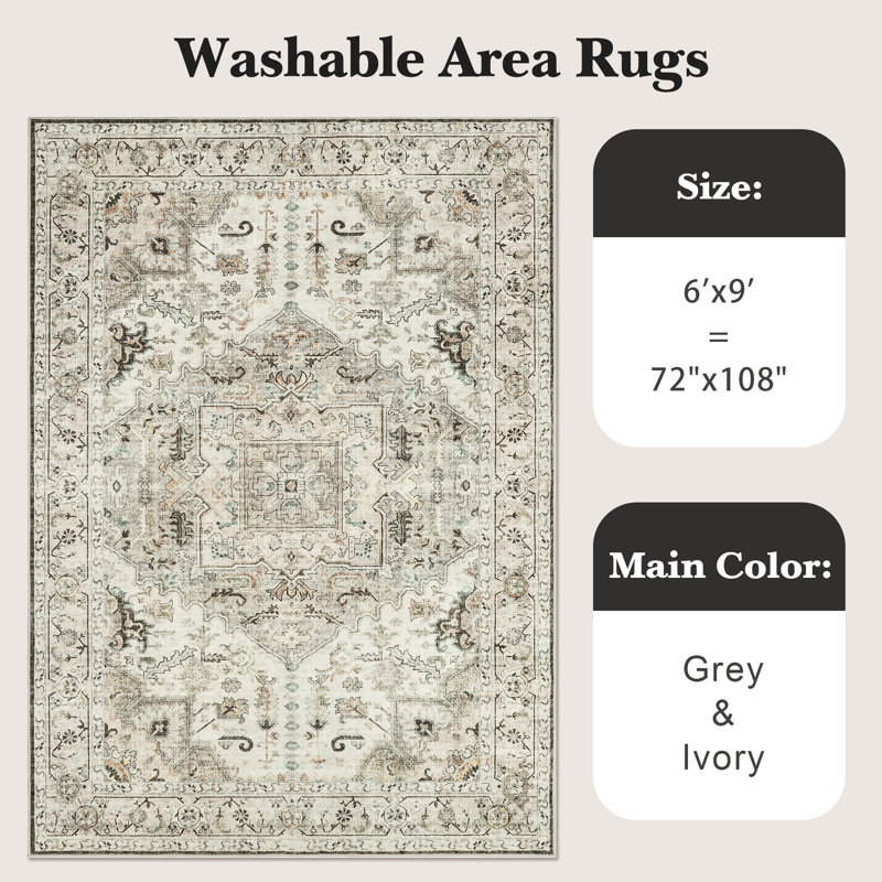 Stain Resistant Washable Rug, Anti-Slip Backing Area Rugs for Living Room (Brown/Ivory), Rectangle 6' x 9'