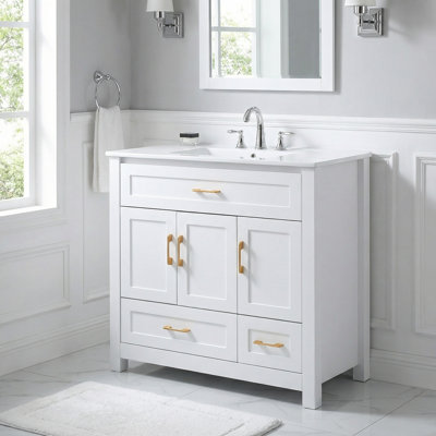 Ensemble d'armoire de salle de bain 48 po avec lavabo en céramique, 4 portes à fermeture lente et 2 tiroirs, blanc