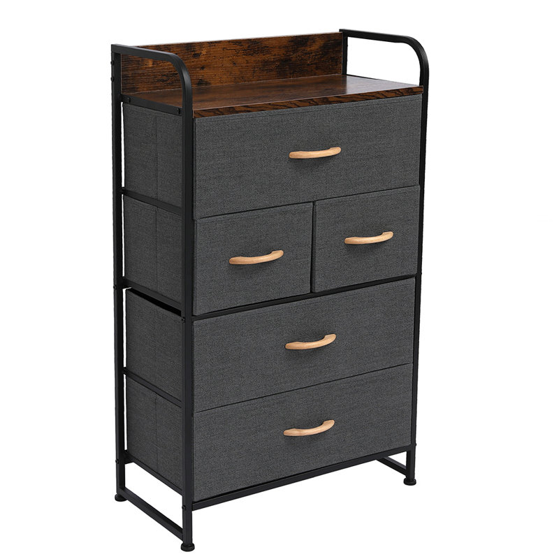 Rangement à 4 niveaux avec commode à 5 tiroirs, gris