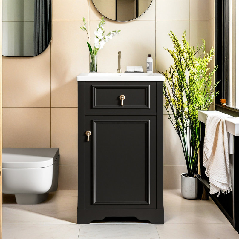 Meuble-lavabo moderne avec lavabo en céramique, porte à fermeture douce, tablette réglable et support de rangement fixé à la porte
