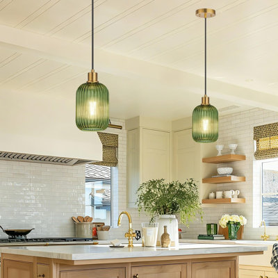 Ensemble de 2 luminaires suspendus avec abat-jour en verre strié vert rétro et luminaires suspendus réglables en or brossé pour évier, îlot de cuisine et salle de séjour (ampoules non incluses)