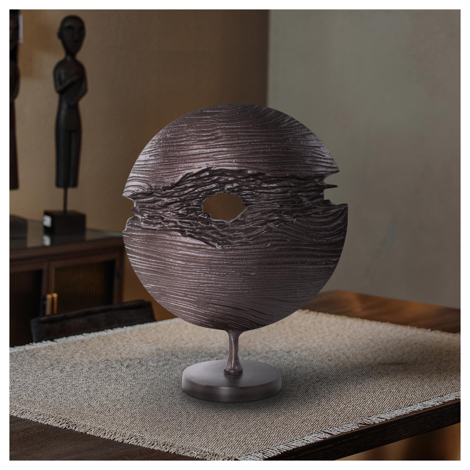 Berken Round Sculpture in a Bronze Finished Cast Aluminum