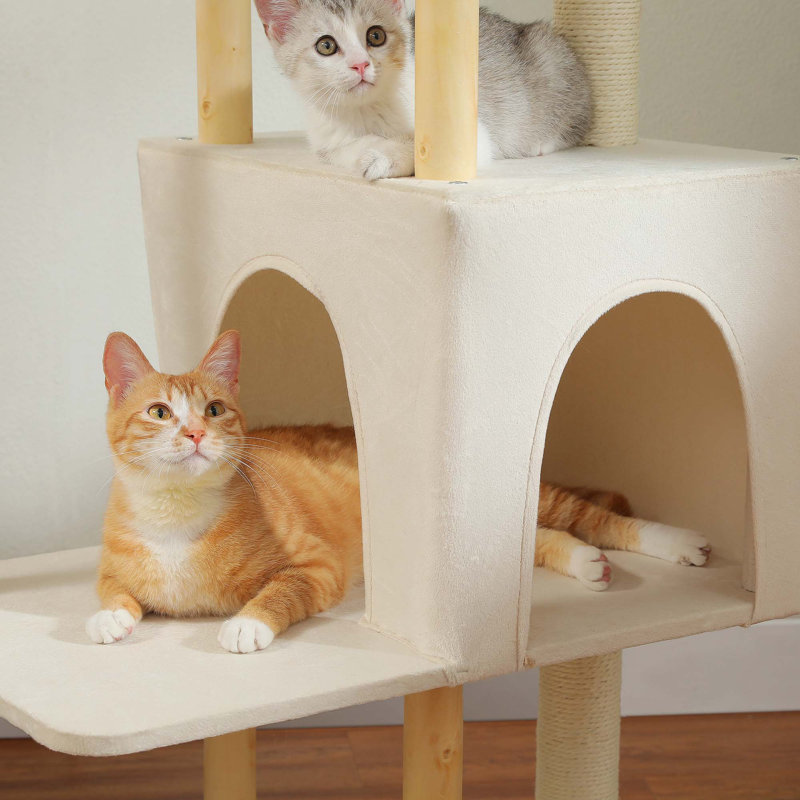 Tour à chat moderne en bois pour chats d'intérieur, condos à plusieurs niveaux avec poteaux à griffer longs et poteaux en bois naturel