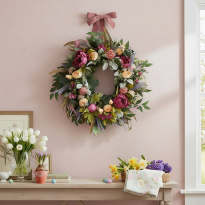 Couronne de pivoines de 15,7 pouces pour la porte d'entrée, couronne d'eucalyptus floral coloré pour l'intérieur et l'extérieur, couronnes toutes saisons pour la porte d'entrée à l'extérieur