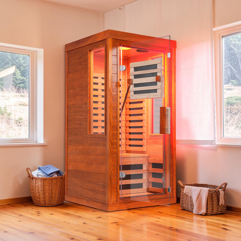 1 Person Far Infrared Sauna Front Door With Bluetooth Music Player, Reading Light, 7-Color Therapy Lighting, 7 Low EMF Heaters , Wooden Sauna Room For Indoor Use