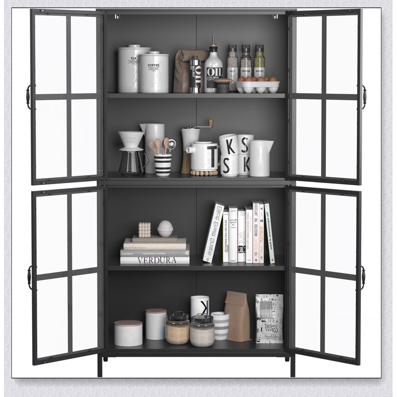 Armoire de rangement en métal noir de qualité supérieure avec portes en verre trempé, tablettes réglables