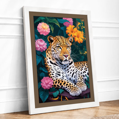Leopard Among Flowers Boho 1 Piece Single Picture Frame Wall Art