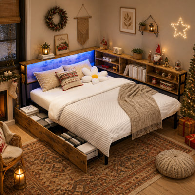 Corner Bed Frame with Storage Bookcase and Drawers, Wooden Bed with Charging Station and LED Light