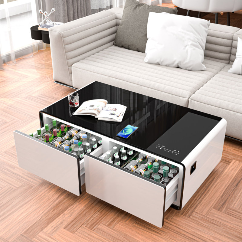 Table basse moderne intelligente avec réfrigérateur intégré, haut-parleurs Bluetooth, chargement sans fil, prise de courant, ports USB, lumière RVB, blanc