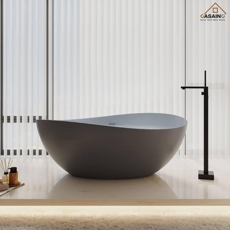 Loop 63" Solid Surface Stone Freestanding Soaking Bathtub, Matte Gray