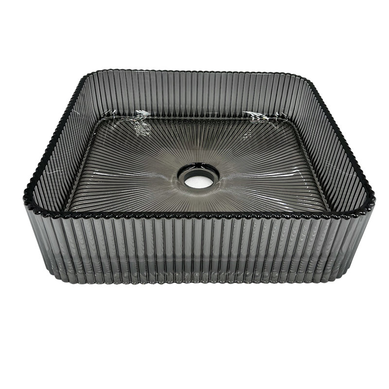 15" Glass Square Vessel Bathroom Sink, Gray