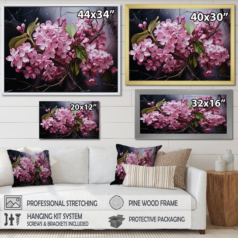 Noir, énigme, charme lilas rose sur toile, Cadre simple blanc, H 34 po x l 44 po x P 1,5 po