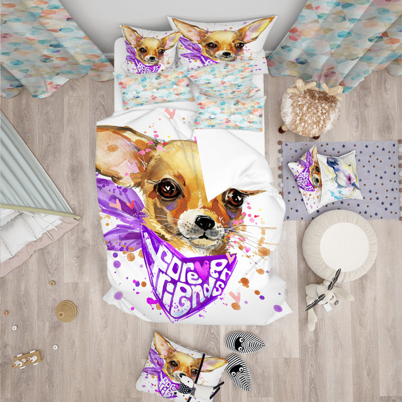Cute Puppy Dog with Purple Neck Shawl Microfiber Duvet Cover Set