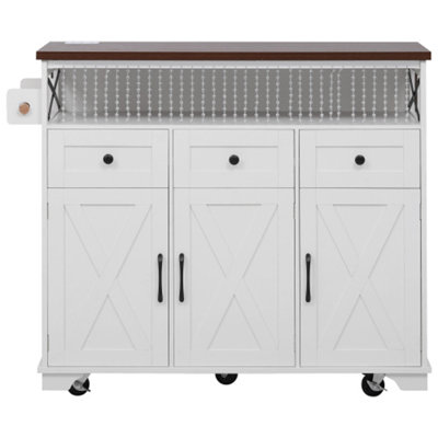 Farmhouse Kitchen Island With Drape Of Beads – Rolling Kitchen Cart On Wheels, 3 Doors & 3 Drawers, Drop Leaf & Power Outlet by Latitude Run