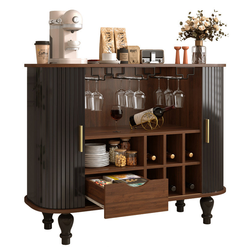 39" Fluted Liquor & Coffee Bar Cabinet with 6 Wine Racks and 3 Glass Holders, Mid-Century Modern Bar Cabinet with A Large Storage Drawer ,4 Hidden Storage Space on the Side , Black