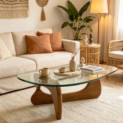 Abstract 51 "Mid-Century  Premium Triangle Glass Top Coffee Table With Solid Wood Base