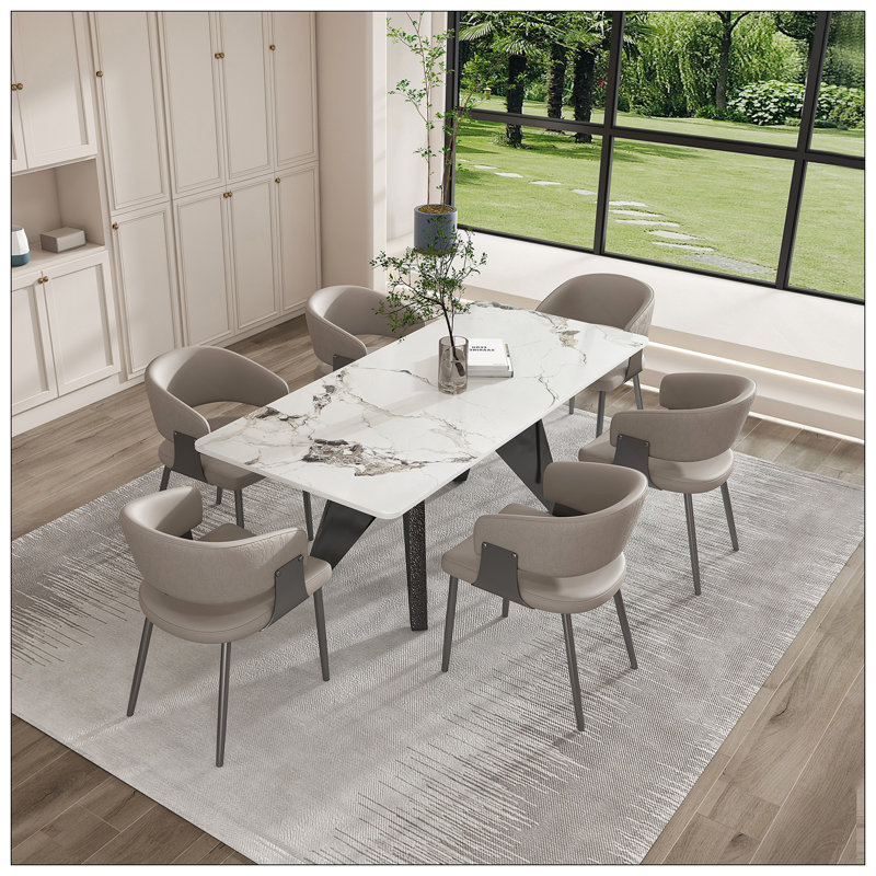 Ensemble de table de salle à manger 71 "en marbre doré de Carrare 71" avec 6 chaises - Table de cuisine rectangulaire moderne, base de cheval en acier inoxydable, sièges 6-8
