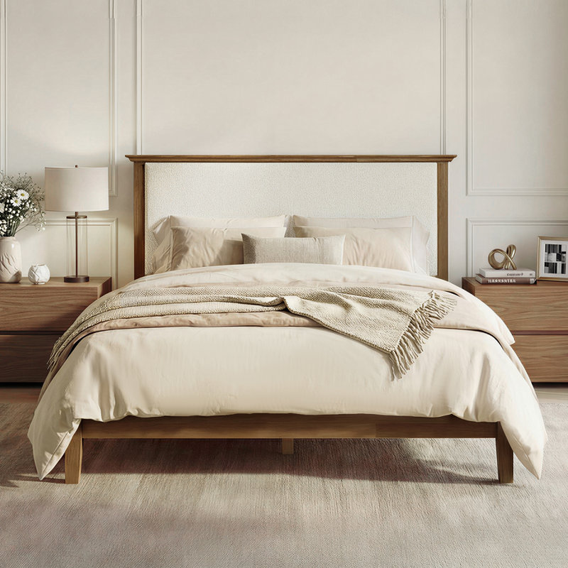 Eirene Farmhouse Solid Wood Platform Bed With Boucle Upholstered Headboard, Walnut, Queen