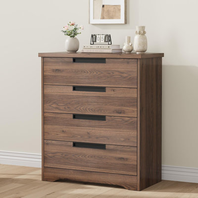 Walnut 4 Drawer Dresser for Bedroom, Modern Chest of Drawers with Embedded Handles, Wooden Storage Organizer for Living Room, Nursery & Hallway