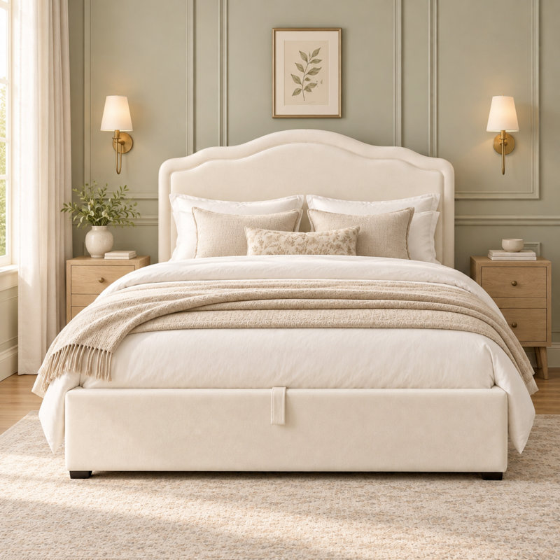 Lift Up Storage Bed Frame, Double, Beige