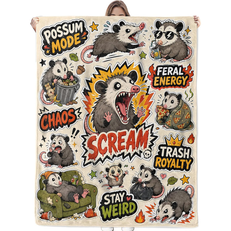 Couverture en flanelle à motif animal comique et humoristique, 152 x 203 cm (60 x 80 po), motif opossum, 152 x 203 cm (60 x 80 po)