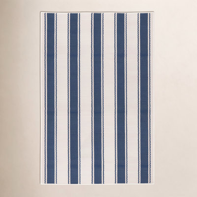 Blue Awning Stripe Machine Printed Washable Rug